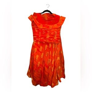 Womens 💯 % SILK Blood Orange & Gold Top & Skirt and Top Medium 36 bust